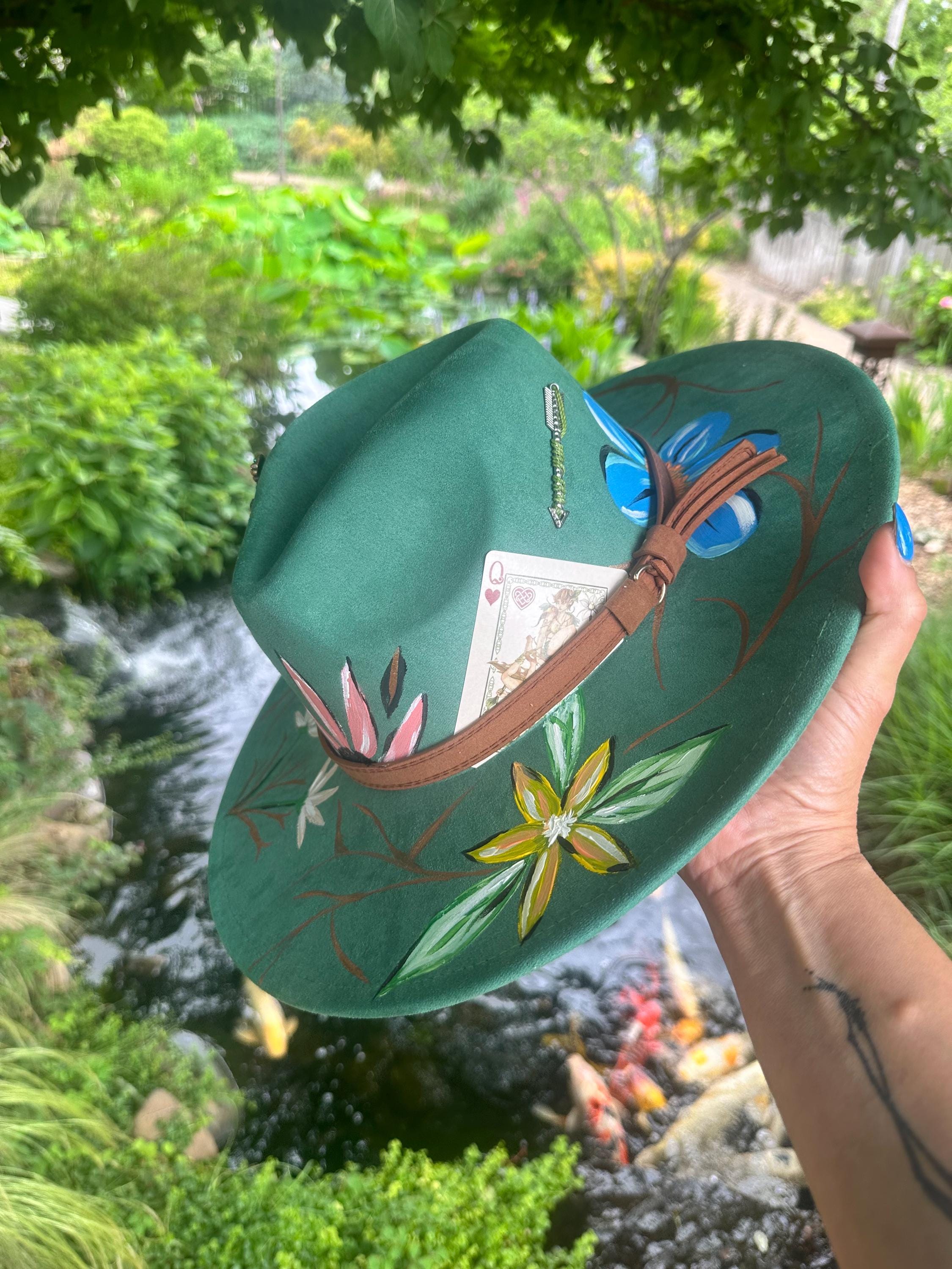 Elegant Green Fedora Hat with Floral Band Emerald Bloom - Custom Burned Fedora Hat | Honeybee Hat Co  main image 2