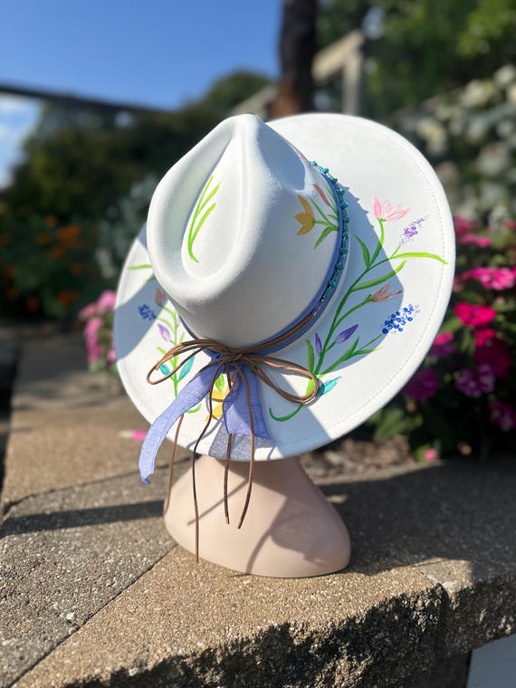 Fadora Felt brim hat one of a kind with hand made floral designs Accessories | Fadora Felt Brim Hat One Of A Kind With Hand  main image 2