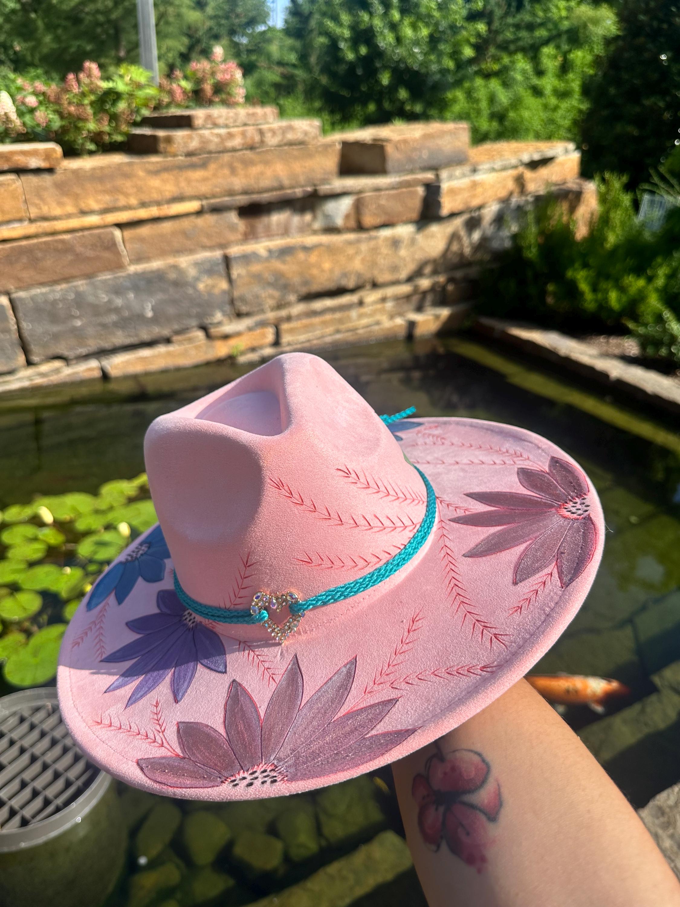Hand Painted & Wood-Burned Boho Felt Hat Pink Floral Western Fedora Create and decorate your own hat main image 2