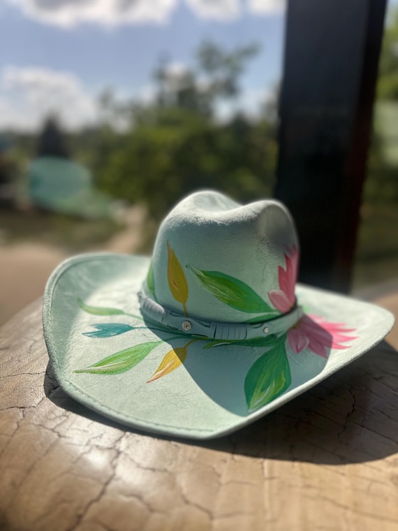 Custom Mint Cowgirl Hat – Hand-painted Western Boho Hat With