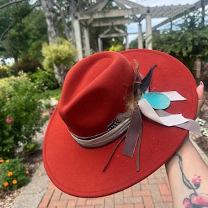 Artisan, Hand Crafted Australian Wool Fedora – Rust Color Wide Brim Boho Hat – Unique Artisan Floral Design