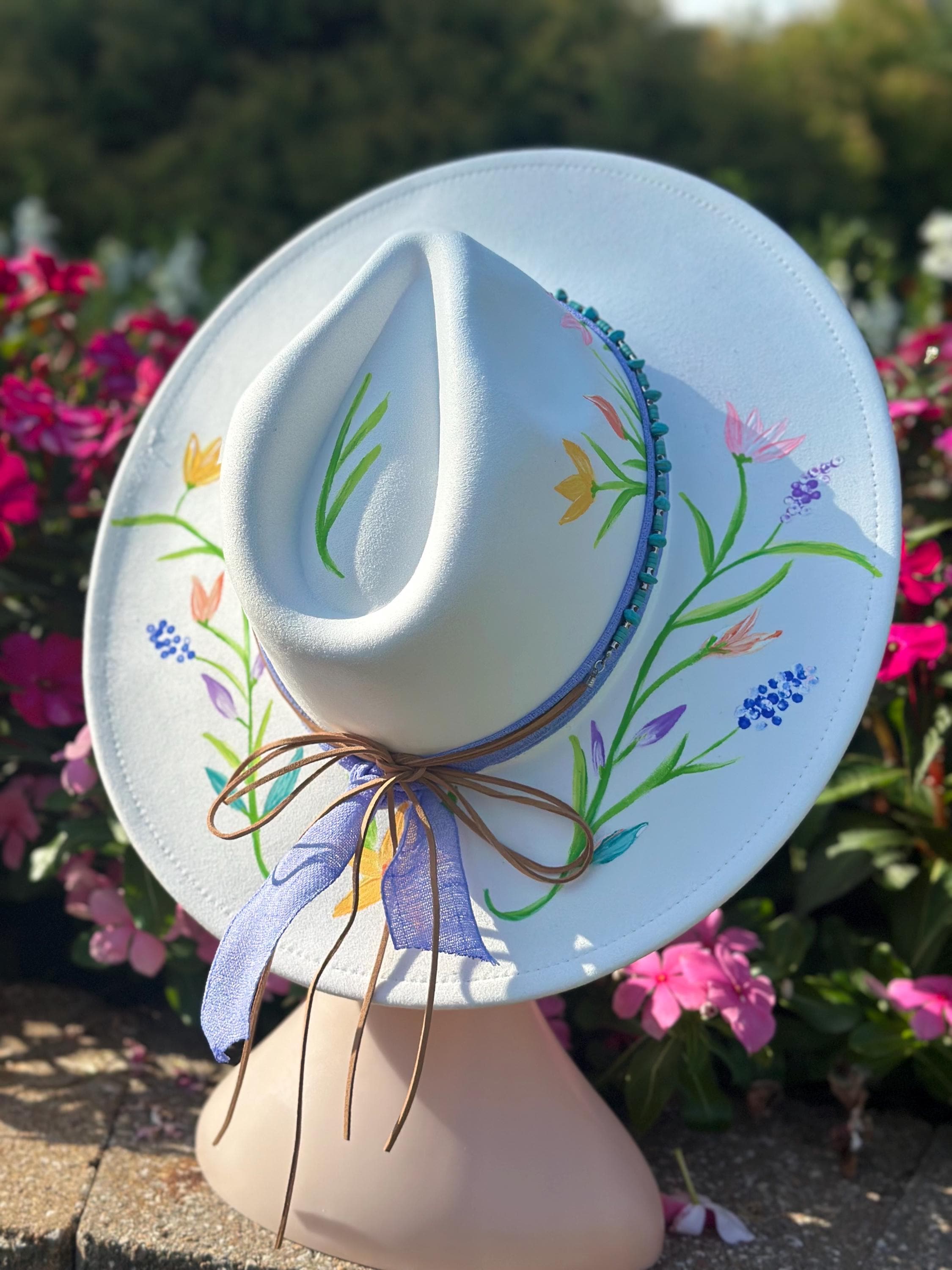 Hand-painted Floral Fedora Hat, Wide Brim Boho Rancher - Etsy display picture 1