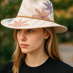 Hand-Painted Fedora Hat for Women – Burned Floral Design, Boho Wide Brim, Unique Handmade Gift, Custom Western Hat