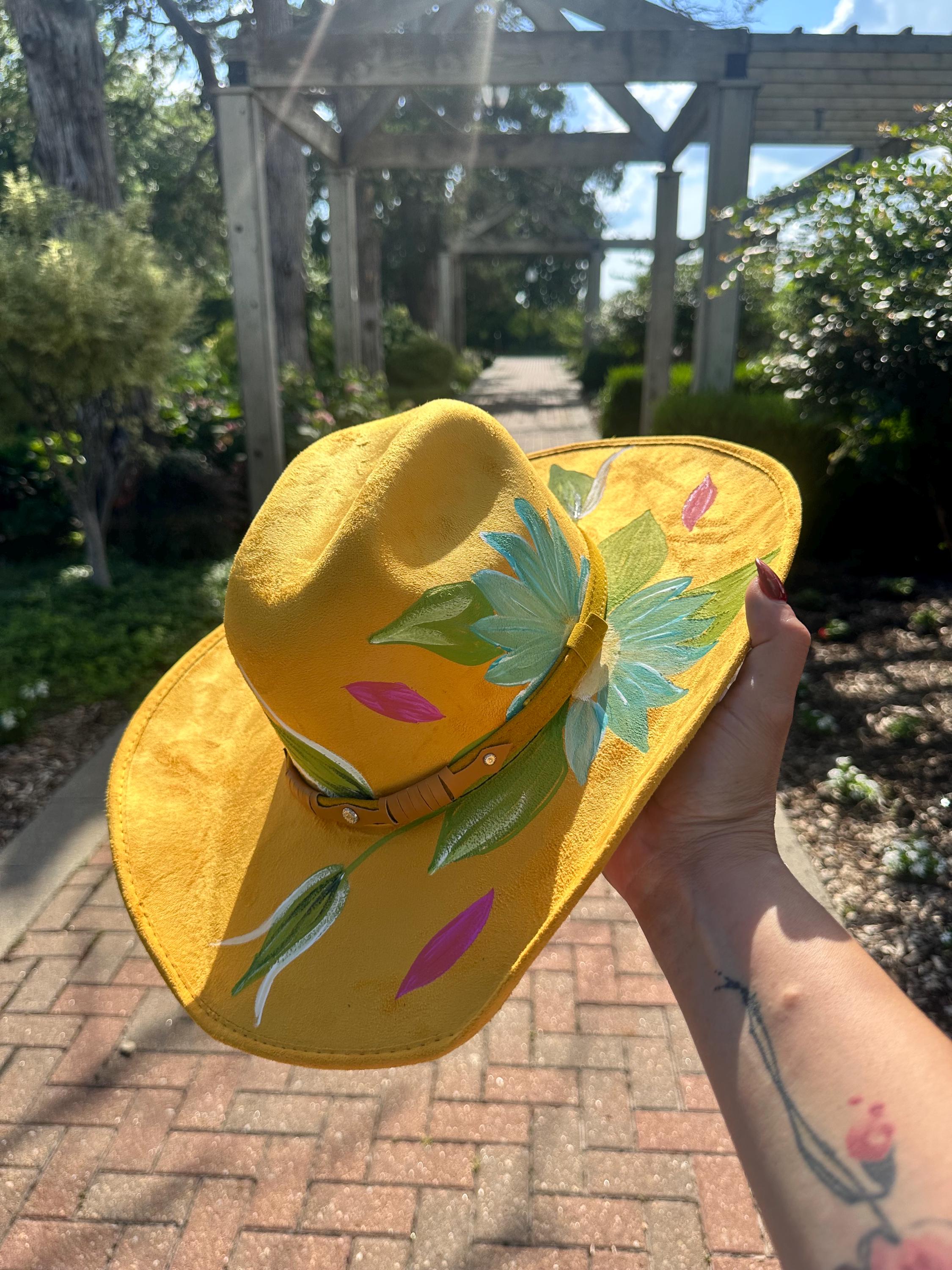 Hand-painted Yellow Cowgirl Hat – Floral Suede Western 