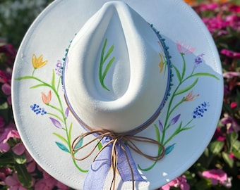 Hand Painted Wide Brim Felt Fedora Hat For Women, Hippie Rancher Hat, Western Hat, Bride Hat, Boho Hat, Bride Floral Fedora Hat.
