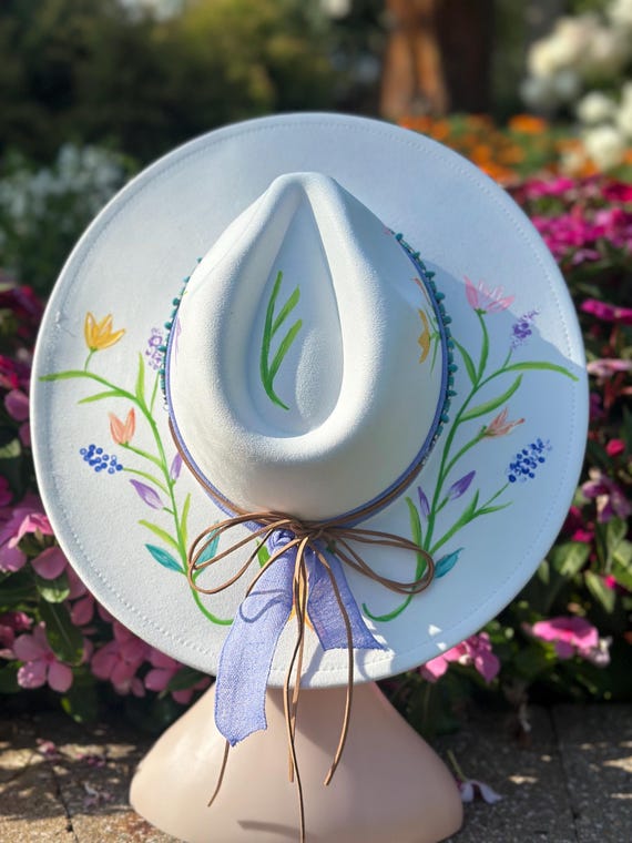 Hand painted custom floral wide brim fedora Hand-painted Wide Brim Fedora Hat, Floral Western Hat - Etsy main image 2