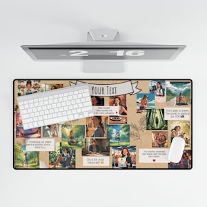 May include: A rectangular desk mat with a collage of images and a banner reading "YOUR TEXT". A keyboard and mouse are on the mat. The collage includes text that says "Protecting my peace is a priority, not a luxury" and "Do it for your future self".
