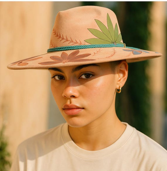 Floral Handburned Structured Brim  Tan Fedora Hand Burned Fedora Hat With Lily Flower Design – Freehand  main image 2