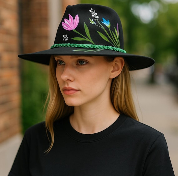 Hand Painted Floral Fedora Hat, Wide Brim Rancher Hat - Etsy display picture 1