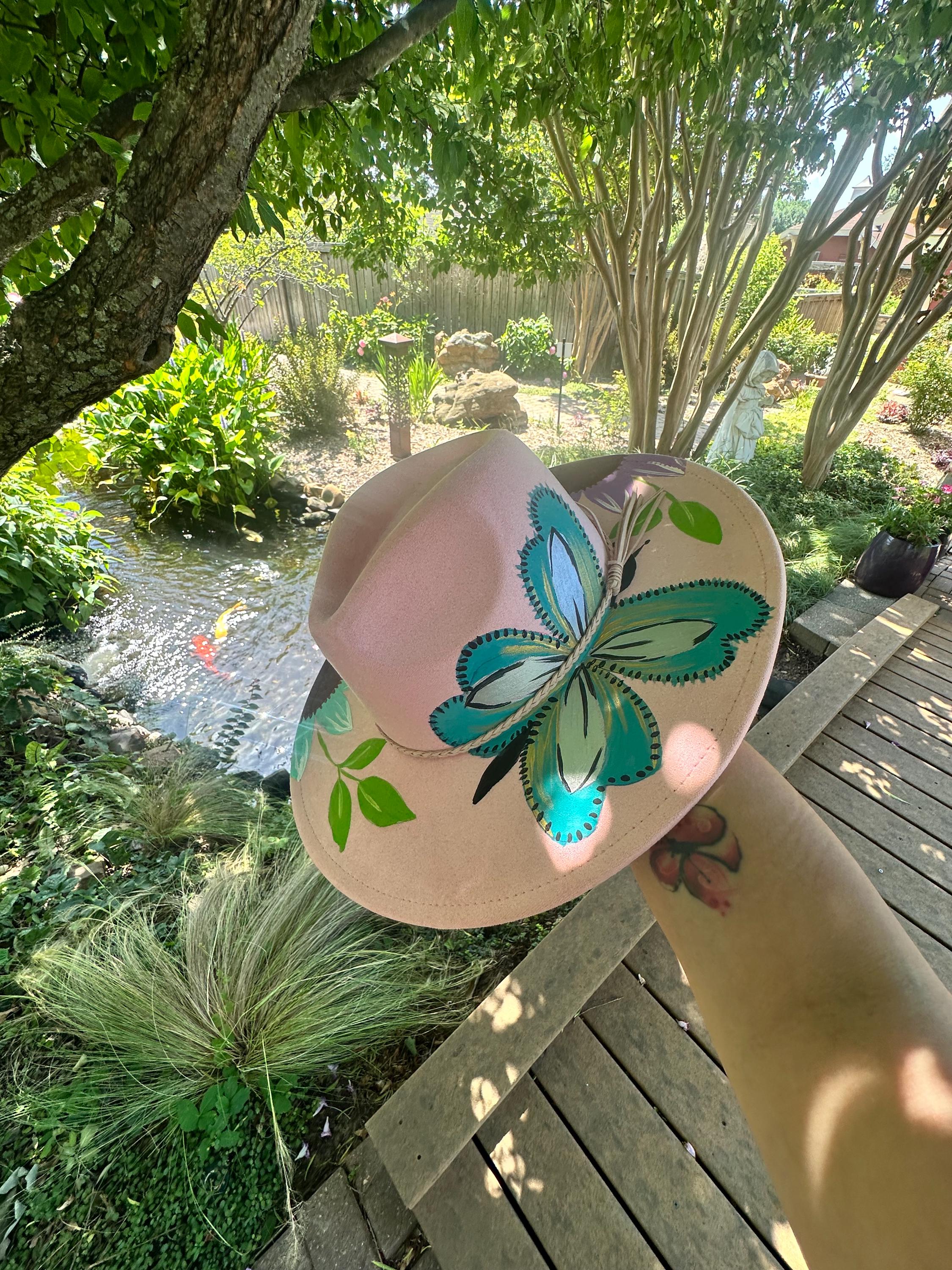 Fadora adjustable hat one of a kind with hand decorated flowers Unique personalized hats with burning designs main image 2
