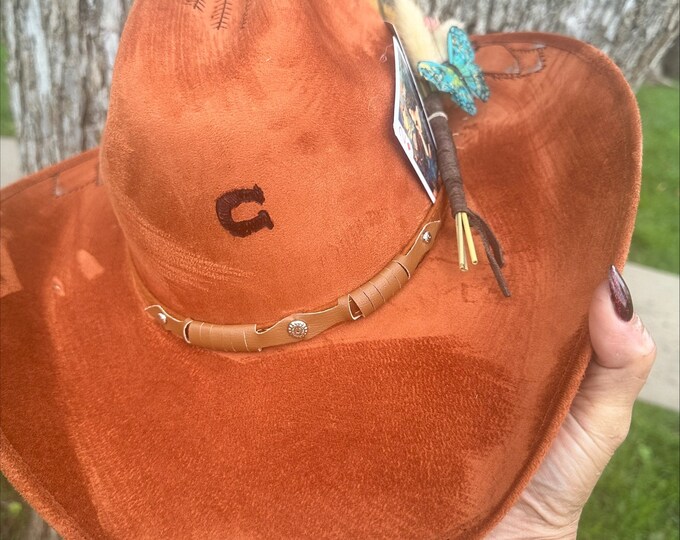 Hand Burned Wide Brim Felt Cowgirl Hat for Women, Hippie Rancher Hat, Western Hat, Bride Hat