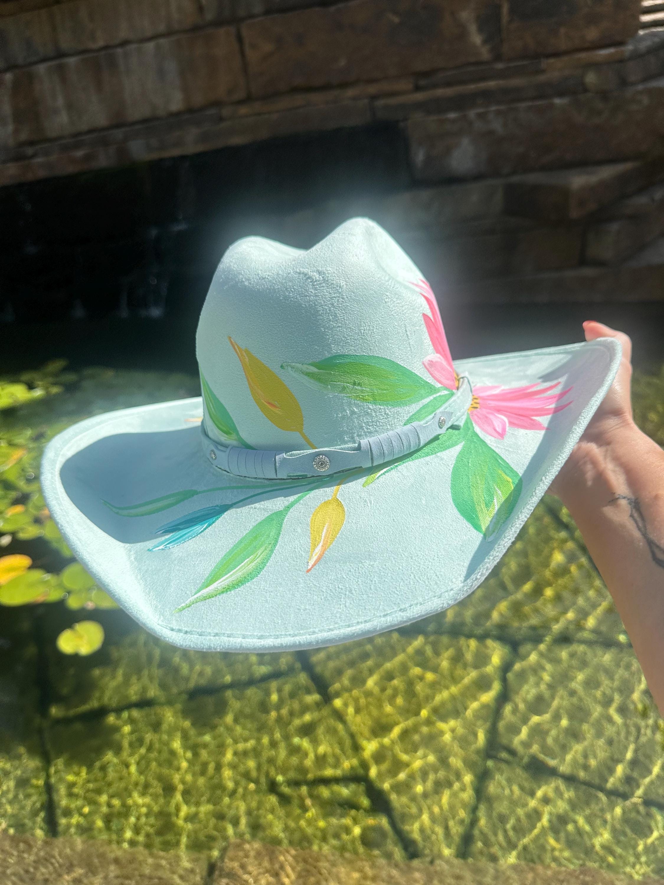 Mint Green Engraved Western Cowboy Hat Mint Green Cowboy Hat With Embroidered Boho Style Band for  main image 2
