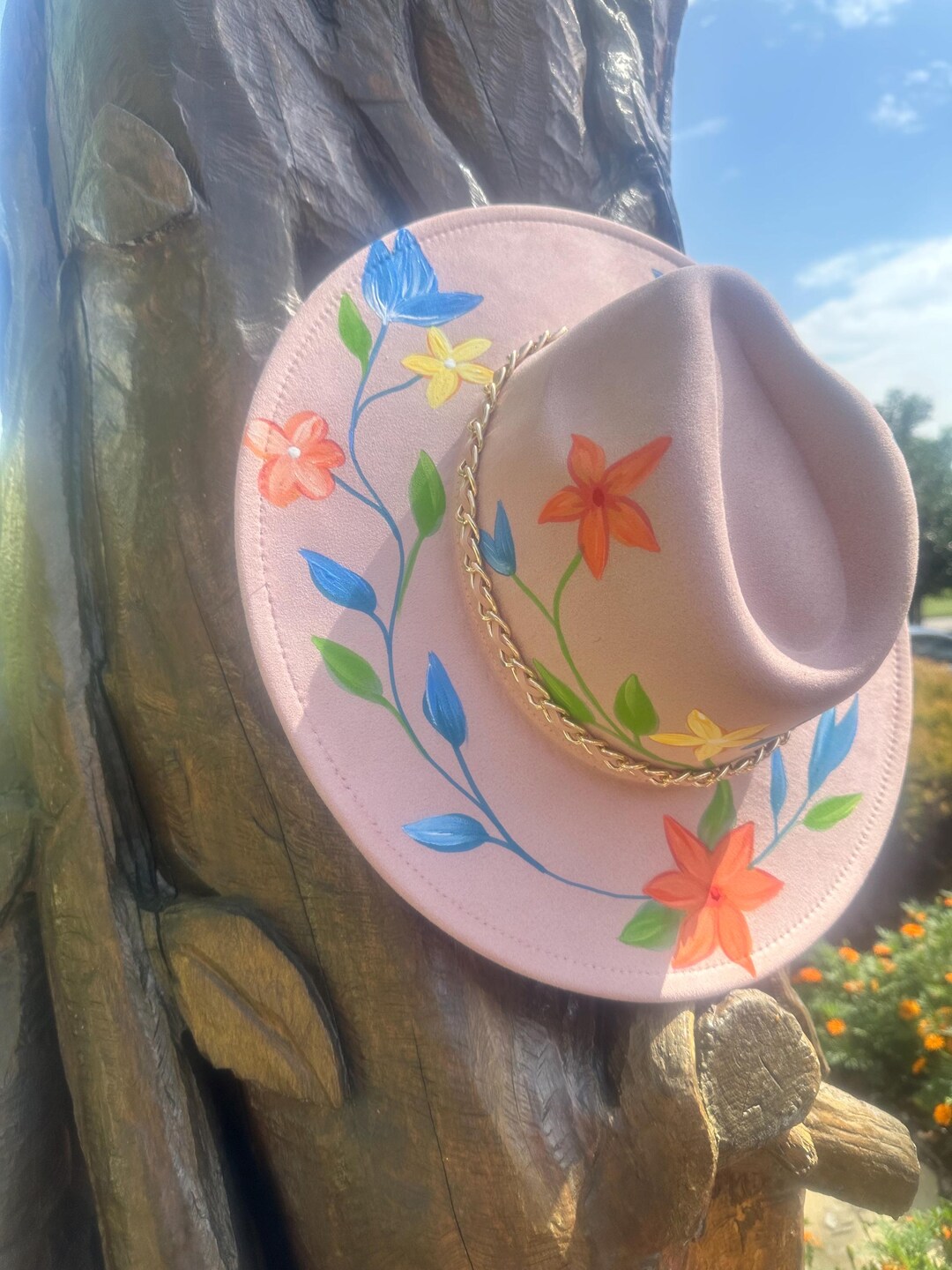 Hand-painted Floral Fedora Hat – Peach Western Boho Style - Etsy display picture 1