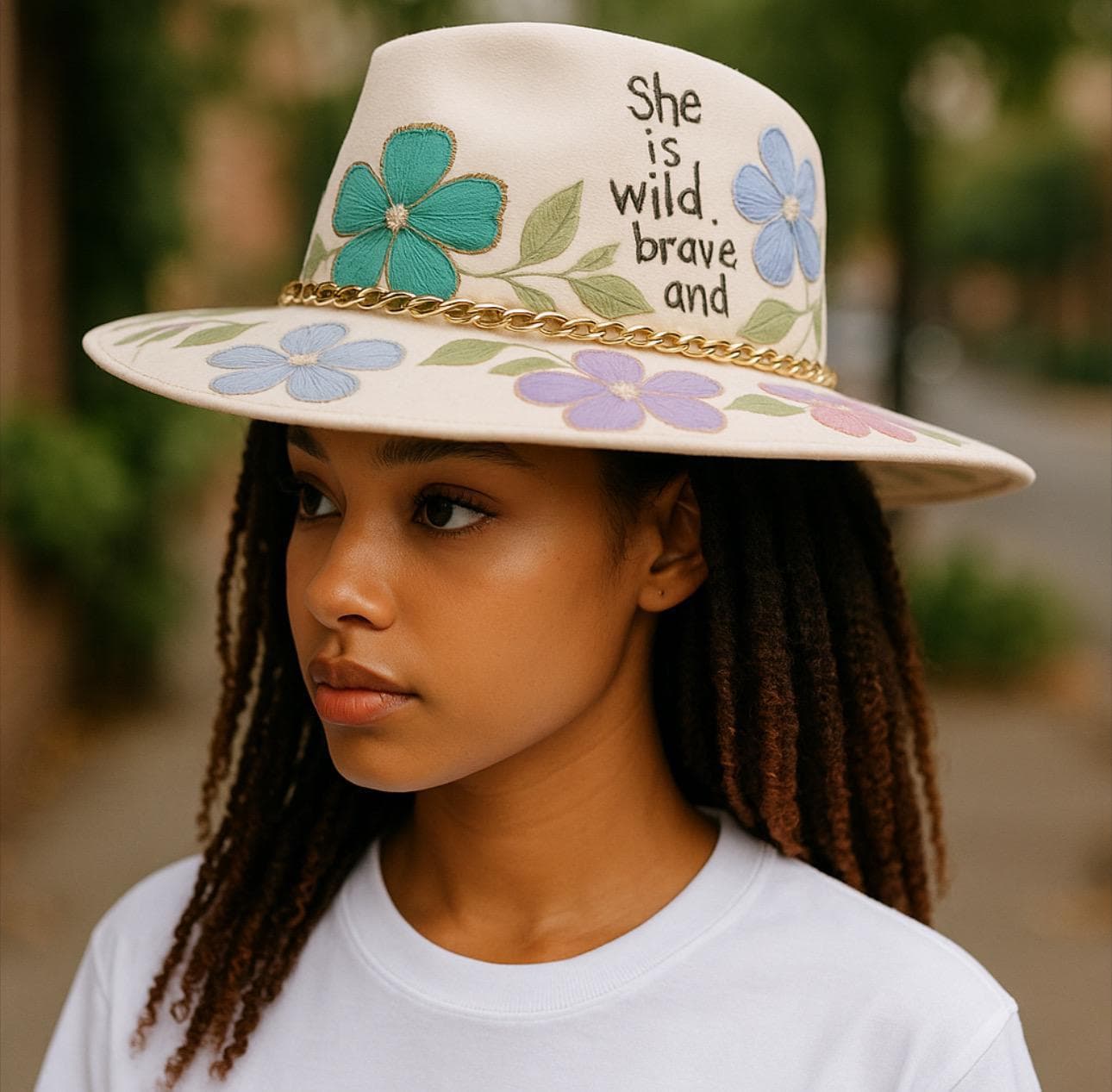 Hand-Burned Wide Brim Felt Fedora Hat for Women - Hippie Rancher, Western, Boho & Bride Floral Style