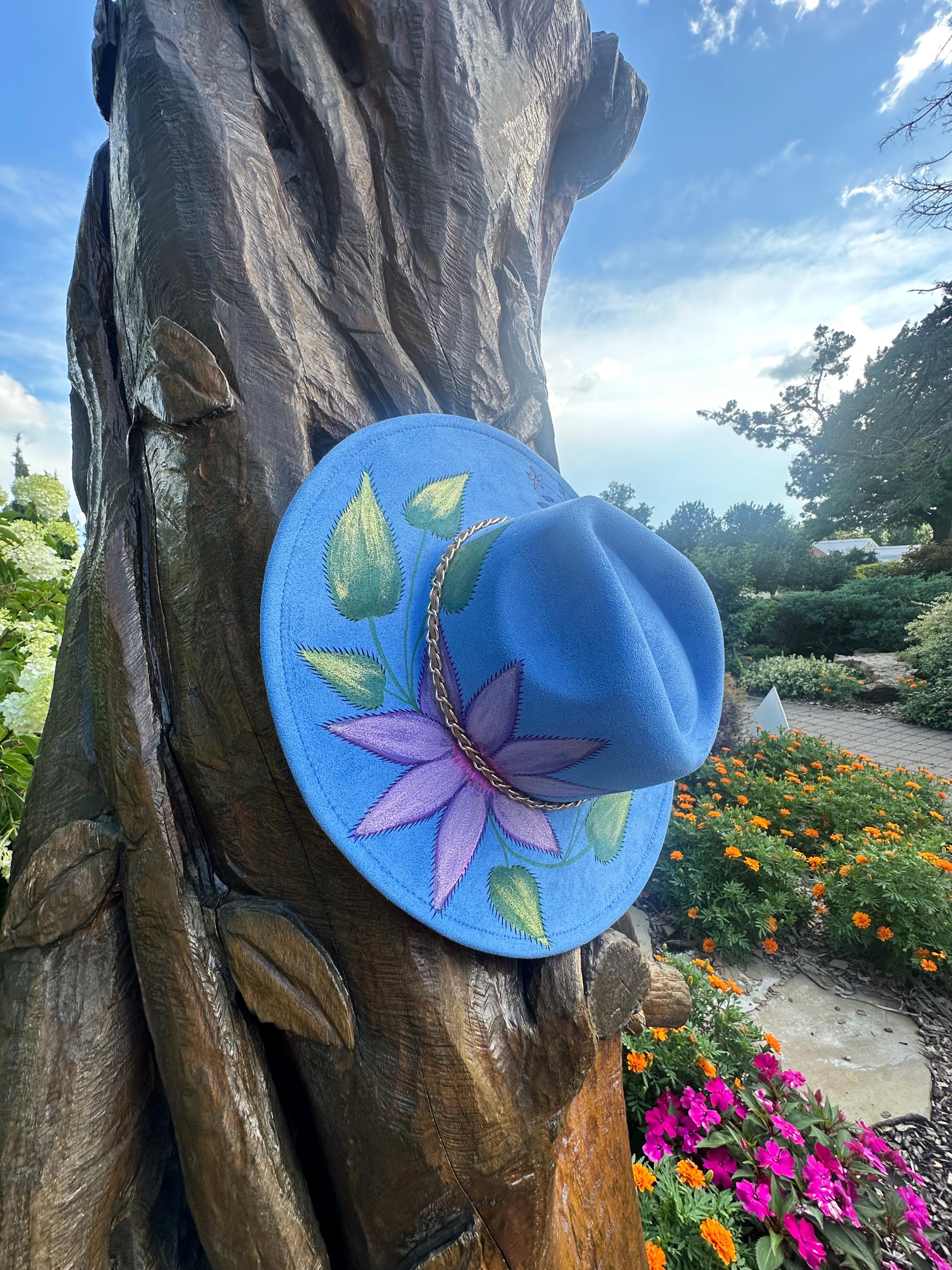 Burned & Hand Painted Boho Wide Brim Hat Floral Western Artisan Wildflower Highland || Black Burned and Painted Cowboy Style  main image 2