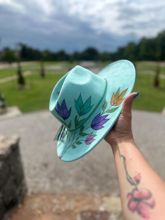 Hand-painted Floral Fedora Hat – Boho Western Burned Felt  display picture 1