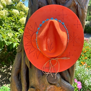 Cowgirl Boho Hat,  Hand Painted Wide Brim Hat, Custom Burned Felt Hat, Western Hat, Bride Hat, Burnt Hat, Bride Floral Fedora Hat.