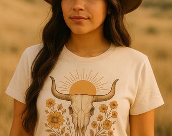 Boho Stierschädel Tee | Wildblumen Grafik, T-Shirt im Western-Stil