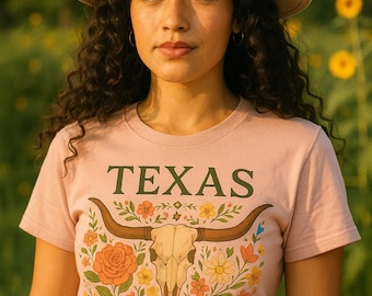Puede incluir: Una mujer lleva una camiseta rosa con la palabra "TEXAS" y un gráfico de calavera de toro con flores. También lleva un sombrero rosa con diseños florales y una cadena dorada. El fondo es un campo verde.