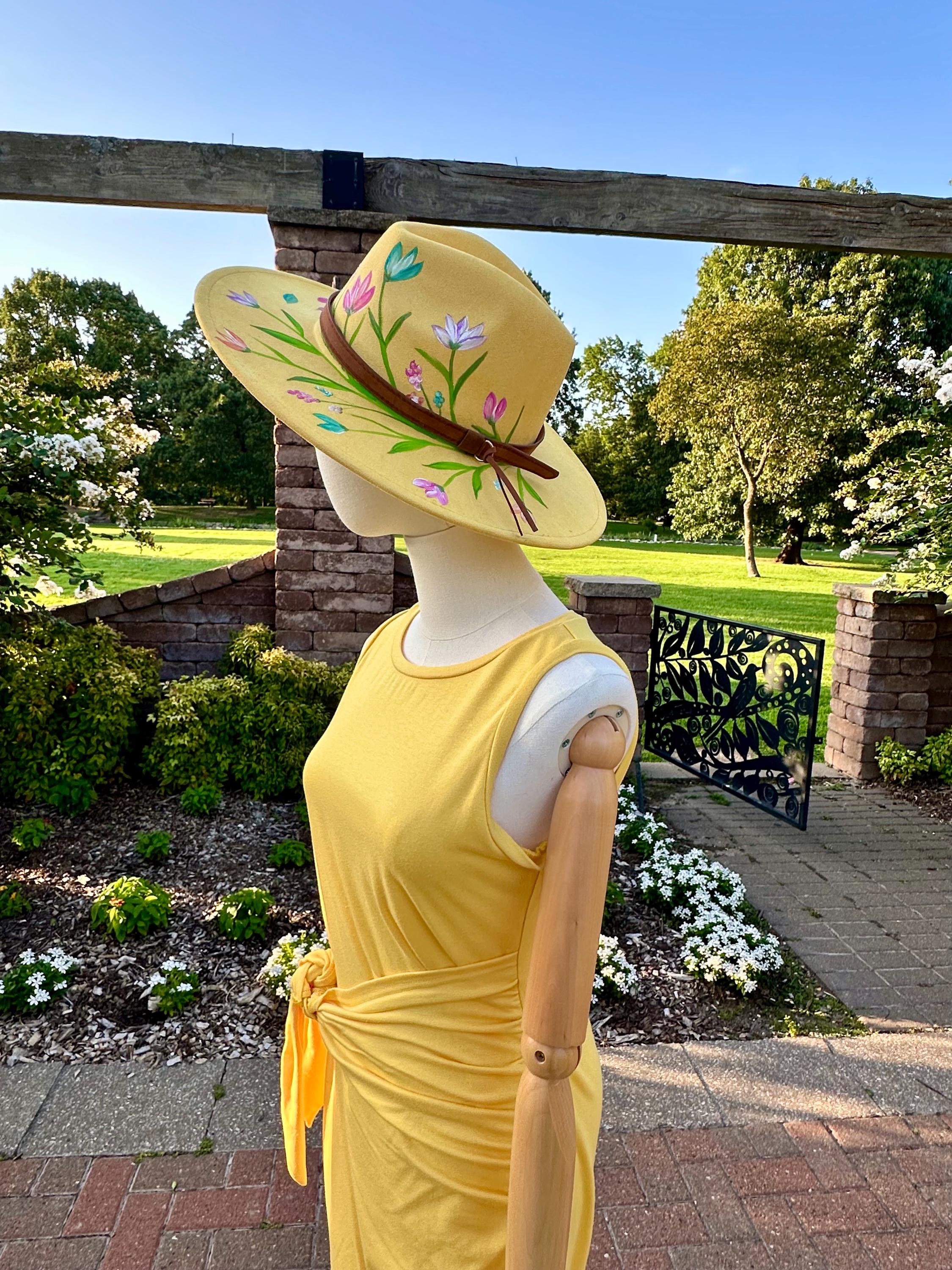 Hand-painted Yellow Fedora, Floral Western Rancher Hat - Etsy display picture 1