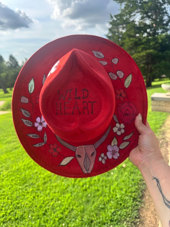 Red Heart Shaped Western Fedora Hat – Hand Burned Hand Painted