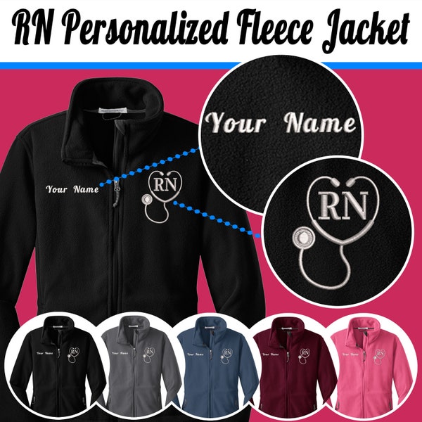 Personalized RN Zip Up Embroidered Stethoscope Fleece Jacket Comfortable Apparel for Nurses | Color Variety