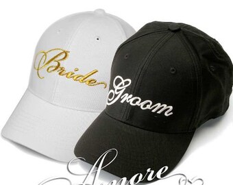 New Bride and Groom Wedding Baseball Caps Set of 2-Black and White