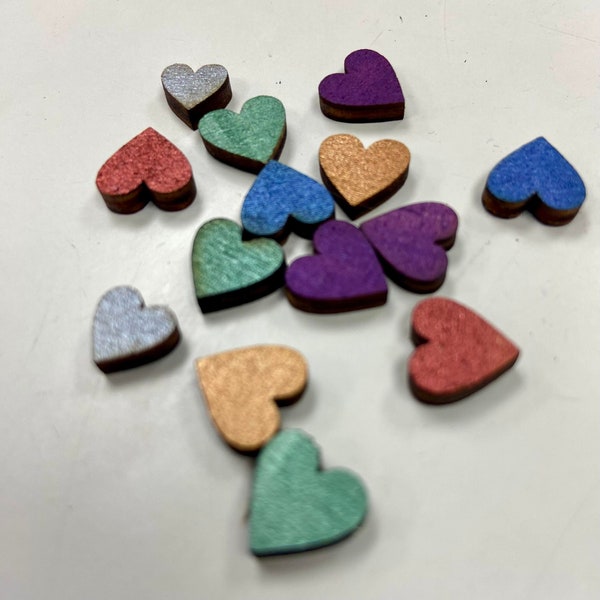 100 Tiny Wooden Painted Heart Shapes, Mixed Colours