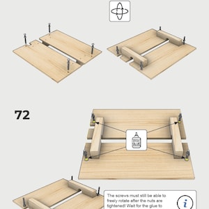 May include: Diagram showing how to assemble a workbench with a flip-top for a miter saw. The diagram shows the steps for attaching the top to the base using screws and epoxy glue. The text in the image reads "The screws must still be able to freely rotate after the nuts are tightened! Wait for the glue to harden before doing the next step."