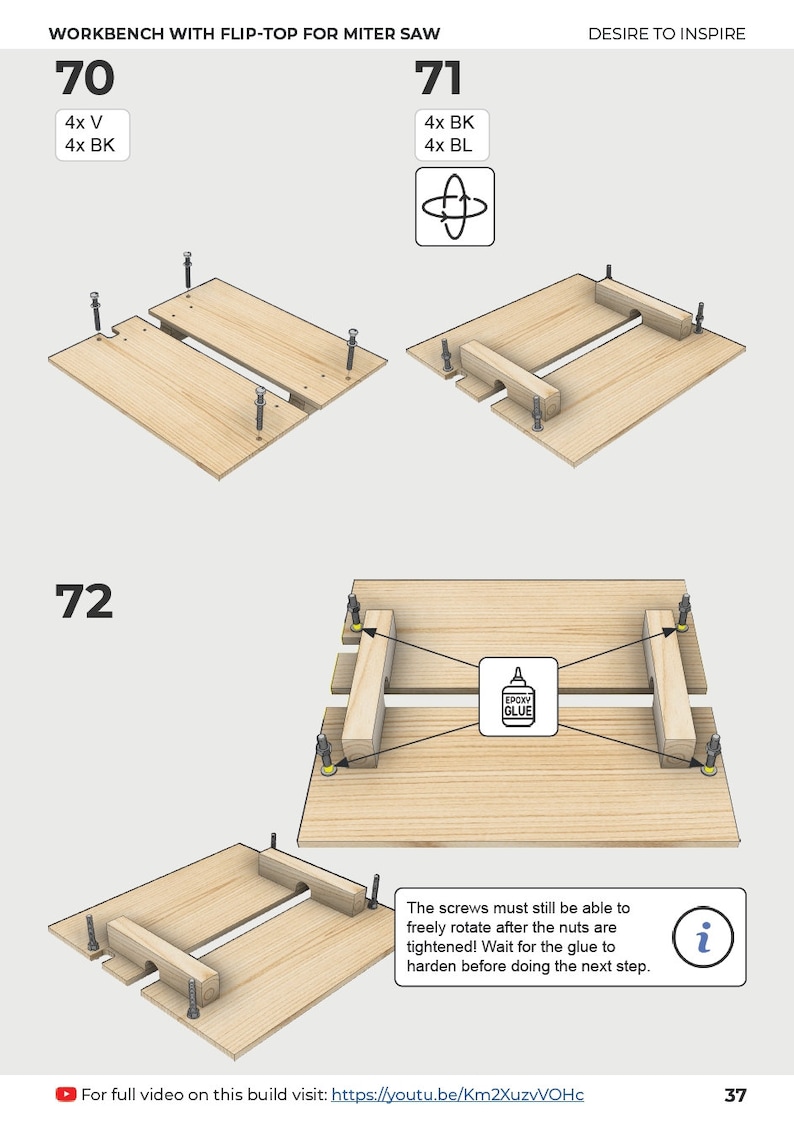 May include: Diagram showing how to assemble a workbench with a flip-top for a miter saw. The diagram shows the steps for attaching the top to the base using screws and epoxy glue. The text in the image reads "The screws must still be able to freely rotate after the nuts are tightened! Wait for the glue to harden before doing the next step."