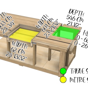 May include: A wooden workbench with two cutouts for a table saw and a miter saw. The table saw cutout is green and the miter saw cutout is yellow. The workbench has dimensions in inches and centimeters.