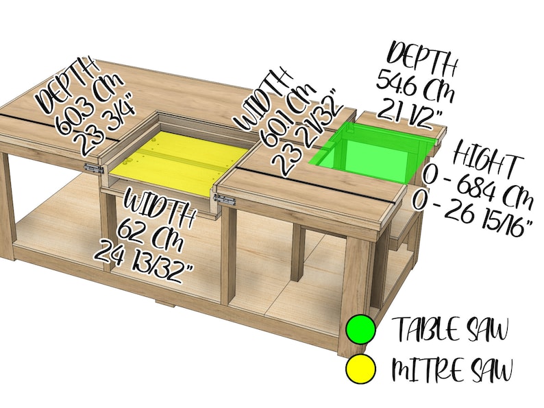 May include: A wooden workbench with two cutouts for a table saw and a miter saw. The table saw cutout is green and the miter saw cutout is yellow. The workbench has dimensions in inches and centimeters.