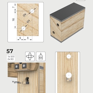 May include: Diagram showing how to build a workbench with a flip-top for a miter saw. The diagram shows the different pieces of wood needed, the measurements, and the location of the holes for the screws and dowels. The diagram also includes a note about using epoxy glue.