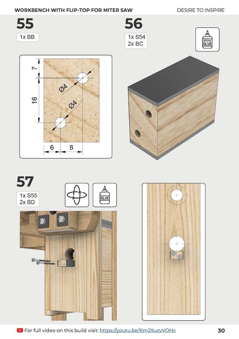 May include: Diagram showing how to build a workbench with a flip-top for a miter saw. The diagram shows the different pieces of wood needed, the measurements, and the location of the holes for the screws and dowels. The diagram also includes a note about using epoxy glue.