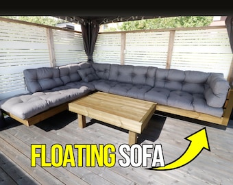 パティオ家具セットプラン - フローティングソファとソリッドコーヒーテーブル、調整可能なデザイン、ヤードポンド法とメートル法のバージョン、ウォークスルービデオ