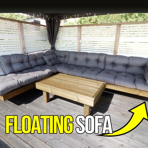 Patio Furniture Set Plans with a Floating Sofa and a Solid Coffee Table. Plans in Imperial and Metric.