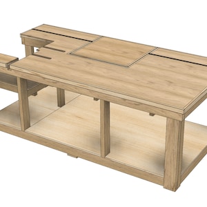 May include: A wooden work table with a large rectangular top surface, a smaller rectangular top surface on the left side, and a shelf underneath. The table has a light wood finish and is made of solid wood.