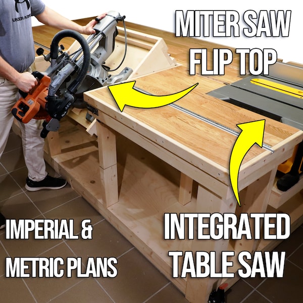 Miter Saw Flip-Top Workbench with a Table Saw | Plans in Imperial and Metric