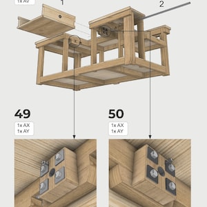 May include: Diagram showing the construction of a workbench with a flip-top for a miter saw. The diagram shows the different pieces of wood needed for the project, labeled with numbers and descriptions. The text "WORKBENCH WITH FLIP-TOP FOR MITER SAW" is at the top of the diagram. The text "DESIRE TO INSPIRE" is at the top right of the diagram. The text "For full video on this build visit: https://youtu.be/Km2XuzvVOHc" is at the bottom of the diagram.