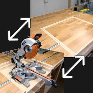 May include: A close-up of a miter saw mounted on a wooden workbench. The saw is silver and black with an orange blade. The workbench is made of wood and has a sliding table. The saw is positioned on a hinged section of the workbench that can be flipped up to allow for easier access to the saw.