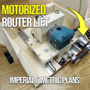 May include: A motorised router lift with a blue router attached to a wooden base. The base has a yellow arrow pointing to the router. The text "MOTORIZED ROUTER LIFT" is printed on the base. The text "IMPERIAL & METRIC PLANS" is printed below the base.