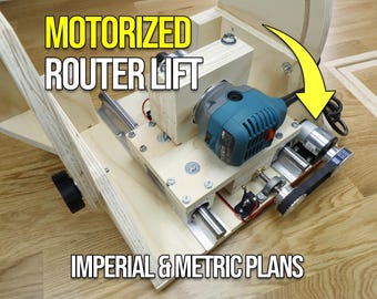 May include: A motorized router lift with a blue router attached to a wooden base. The base has a yellow arrow pointing to the router. The text "MOTORIZED ROUTER LIFT" is printed on the base. The text "IMPERIAL & METRIC PLANS" is printed below the base.