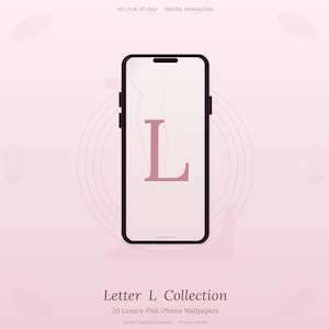 Könnte beinhalten: Digitale Illustration eines Smartphones mit rosa Hintergrund. Auf dem Bildschirm ist der Buchstabe "L" in Rosa zu sehen. Der Text "Letter L Collection" und "20 Luxury Pink iPhone Wallpapers" befindet sich unten.