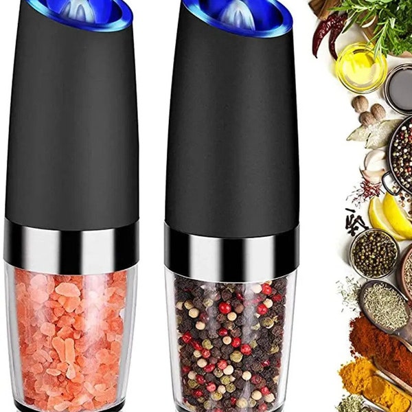 Gravity Salt Grinder and Pepper Grinder set of 2, Blue LED Light. Flip to Grind. One Hand Operation, Adjustable Coarseness.