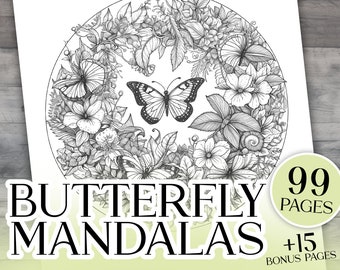 99 Butterfly Mandala Coloring Pages for Relaxation and Stress Relief | printable coloring book | MagicMandalaStudio