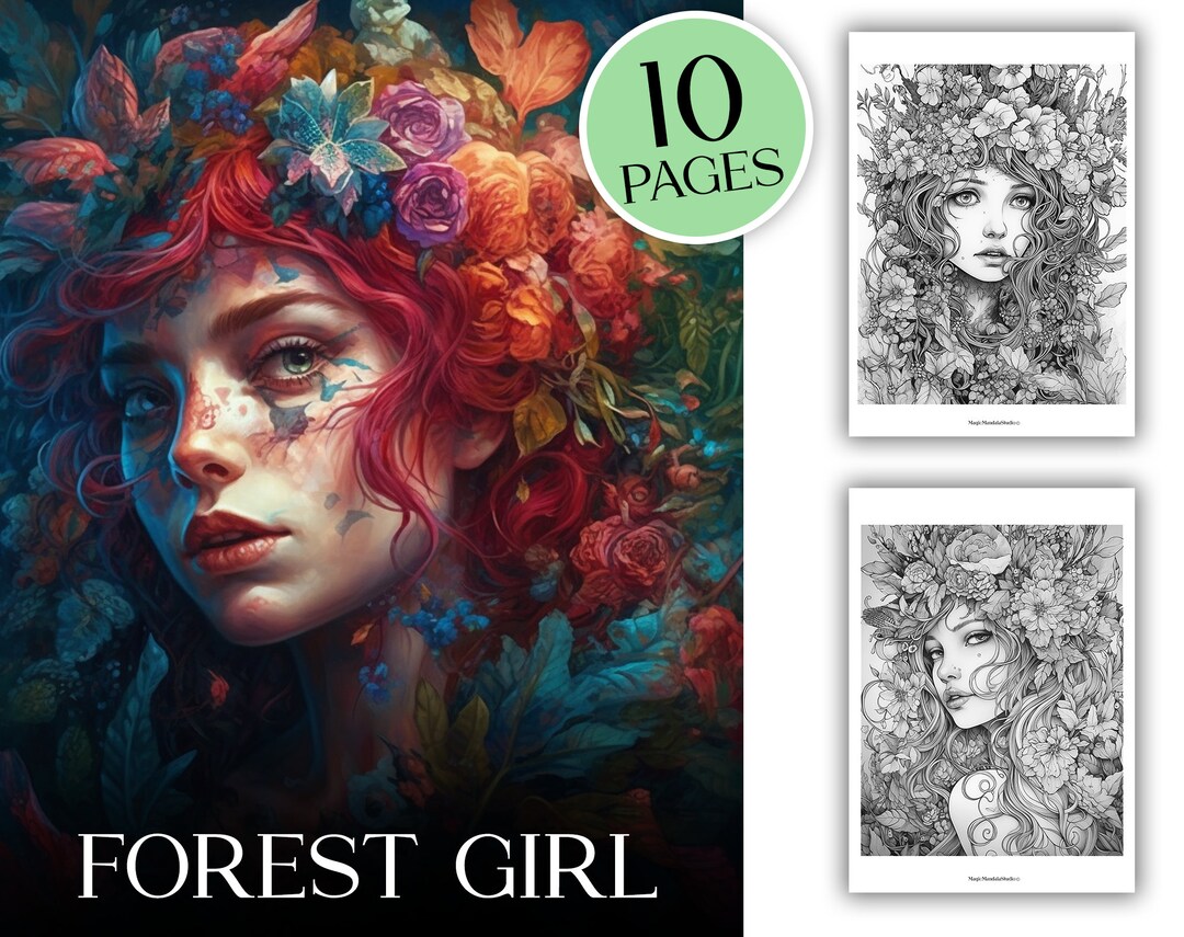 Whimsical Bundle of 10 Forest Girl Coloring Pages for Adults - Etsy
