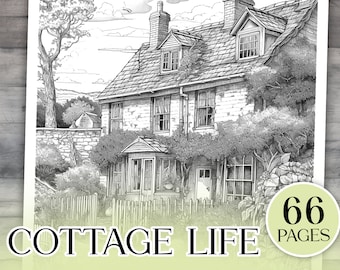 66 páginas para colorear Cottage Life para relajarse y aliviar el estrés, cottagecore, libro para colorear imprimible, MagicMandalaStudio
