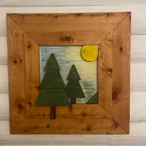Wood Art.  3D landscape, Rocky winter pine tree.