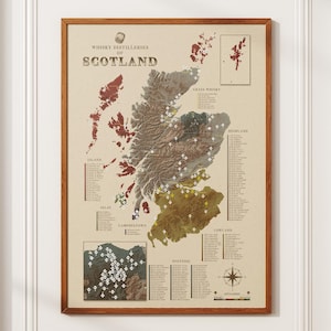 May include: A framed map titled Whisky Distilleries of Scotland featuring a beige background with topographical regions coloured in shades of brown, green, and red. The map includes white markers for distillery locations, lists of names, and a compass.