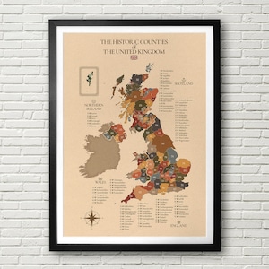 Karta över historiska grevskap i Storbritannien, dekorativt brittiskt karttryck, vintagekartor, väggdekor, reseaffisch